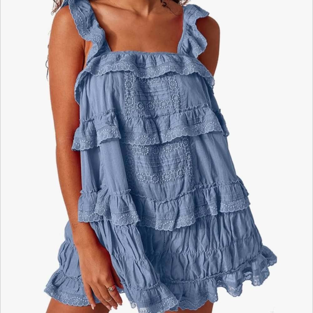 Free People Inspired Blue Ruffled Sleeveless Romper